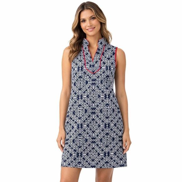 Eliza J Dresses & Skirts - Eliza J Dress Womens 4 Blue Geometric Sleeveless Collared Shift Red Trim Knit